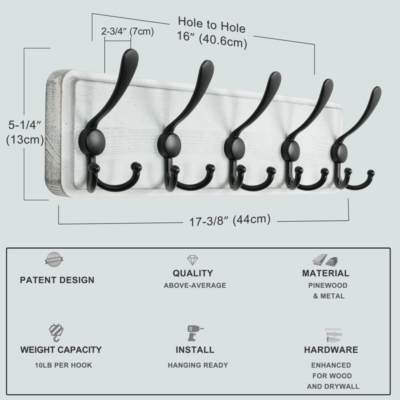 Dseap Coat Rack Wall Mounted - 5 Tri Hooks, Heavy Duty, Wooden Wall Coat Hanger Coat Hook for Clothes Hat Jacket Clothing, White & Black - Image 5